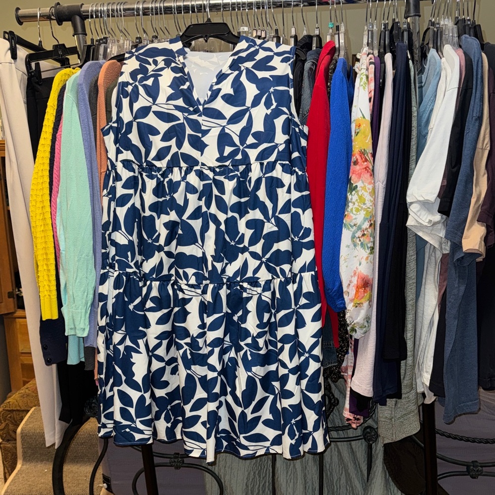 Blue and White Leaf Print Dress